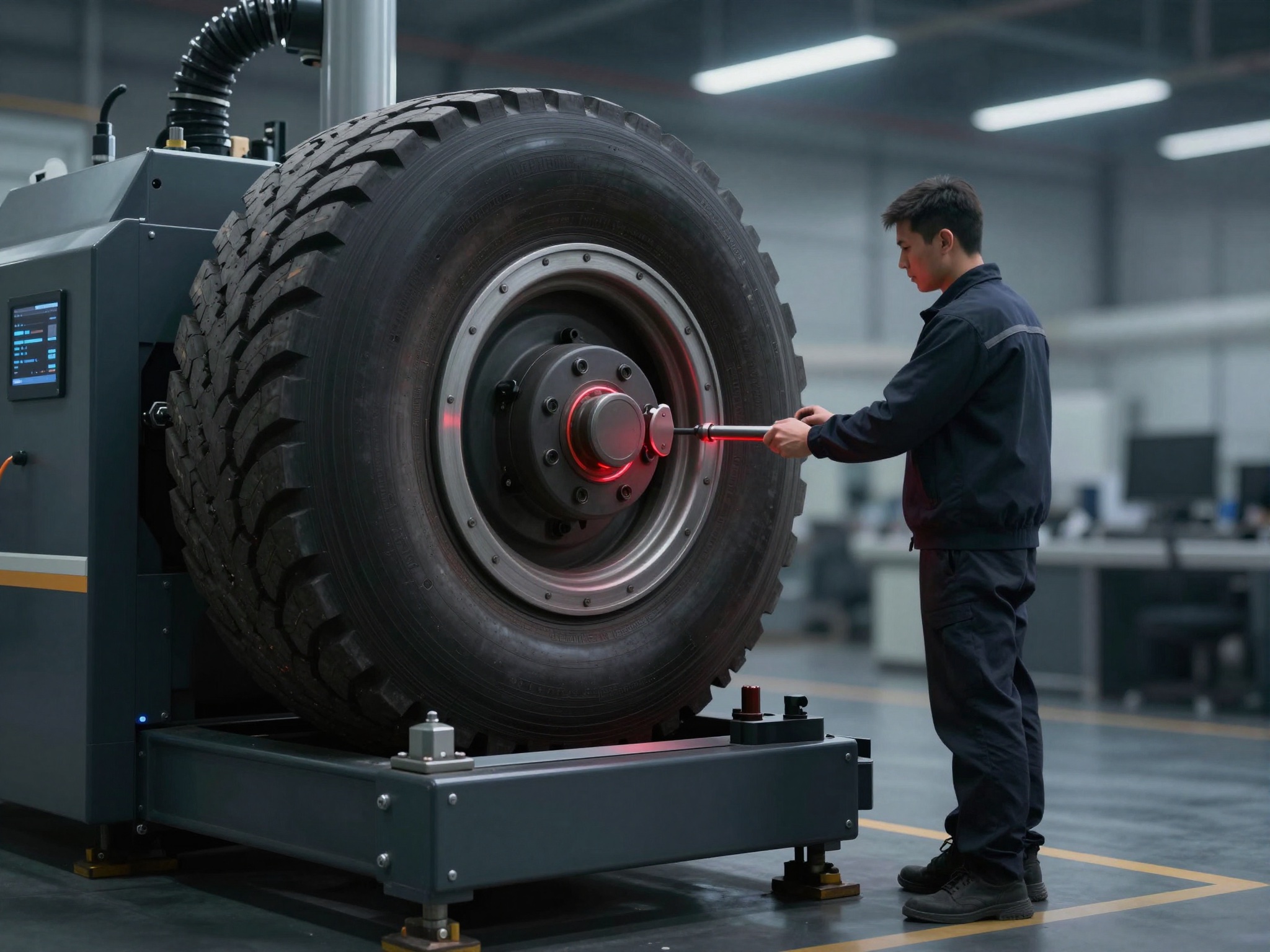 A truck tyre mounted on a computerised retreading machine at the RubberOn factory