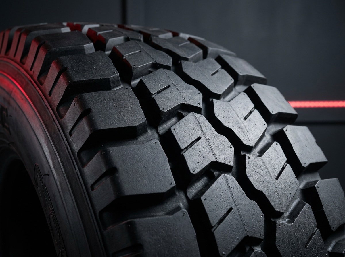 Extreme macro close-up of a deep directional truck tyre tread pattern